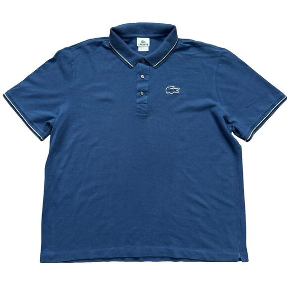 Lacoste Polo Shirt Navy Blue Piqué White Trim Size 8 XL Made in Peru - Picture 1 of 7